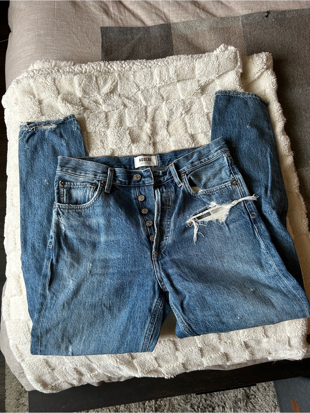 Agolde Button-Fly Distressed Jeans in Blue Wash